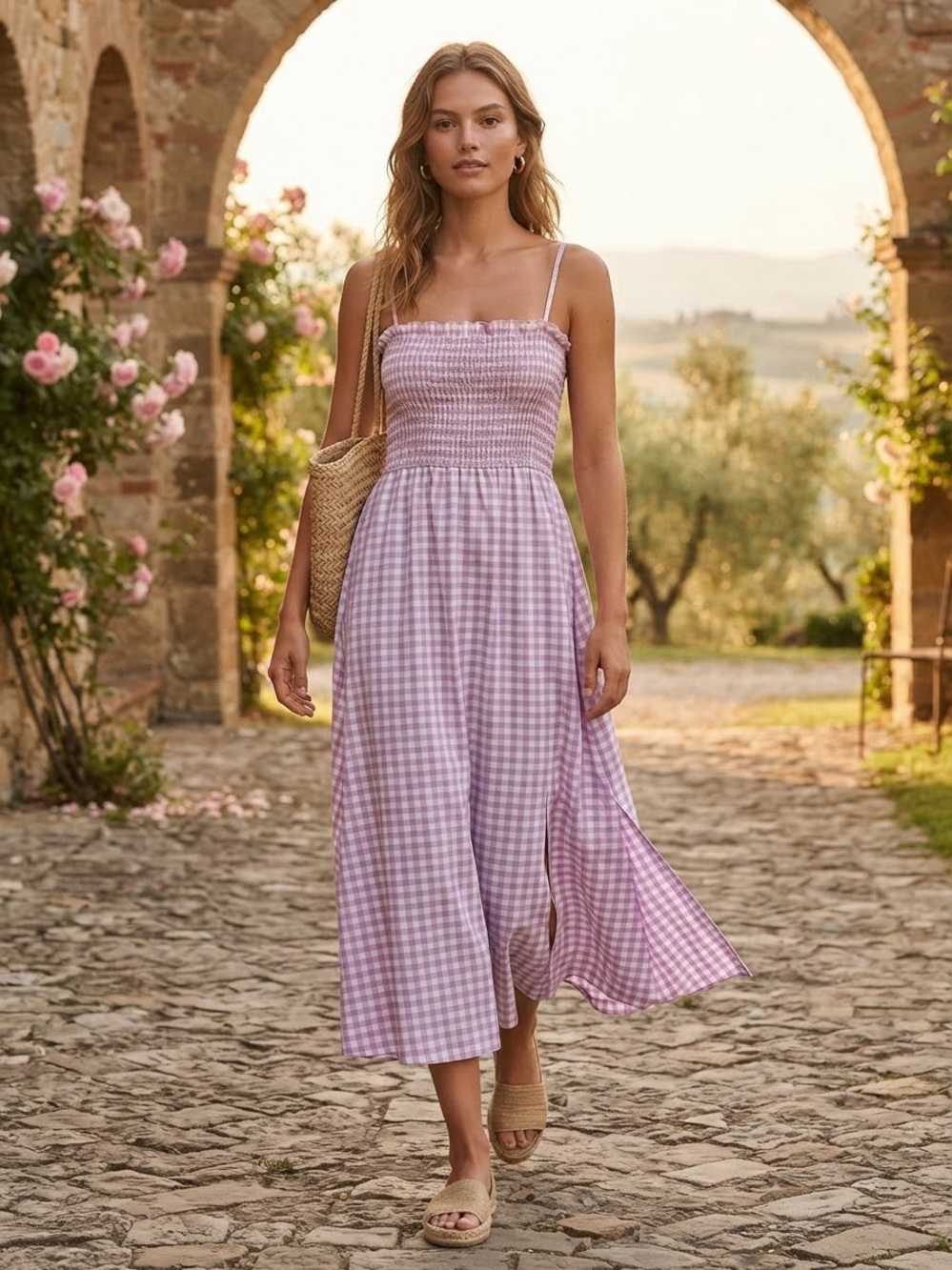 RESA Smocked Gingham Midi Dress in Lavender